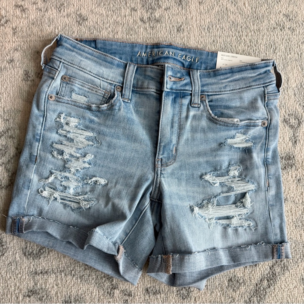 American Eagle Outfitters Midi Light Wash Distressed Jean Shorts